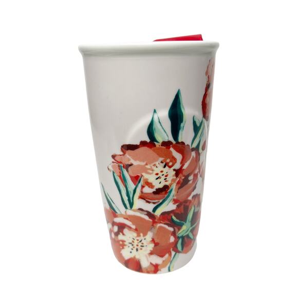 STARBUCKS Floral Print Travel Tumbler Mug Ceramic White With Red Lid 10oz/296 ml - Picture 1 of 7